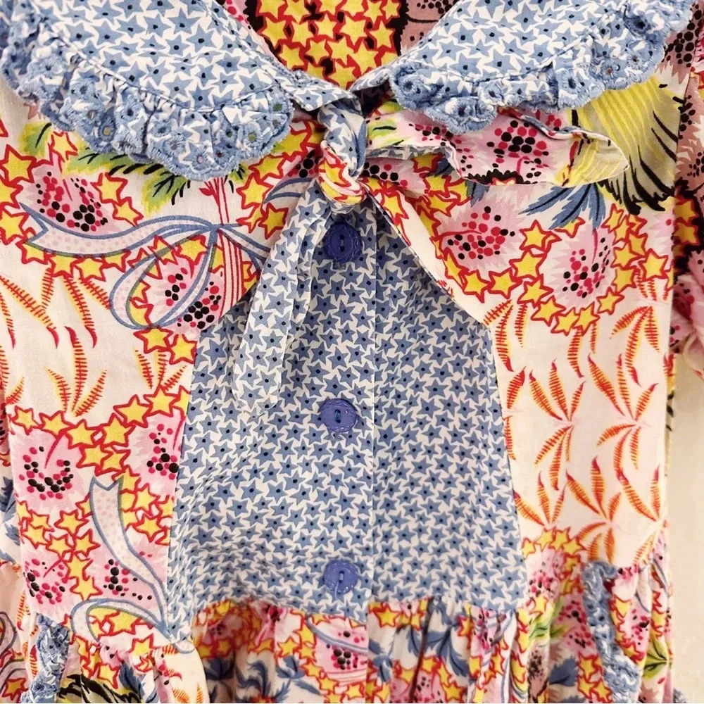 Vintage Mousefeathers Star Print Floral Ruffle Bow Kids Dress Short Sleeve - Picture 5 of 6